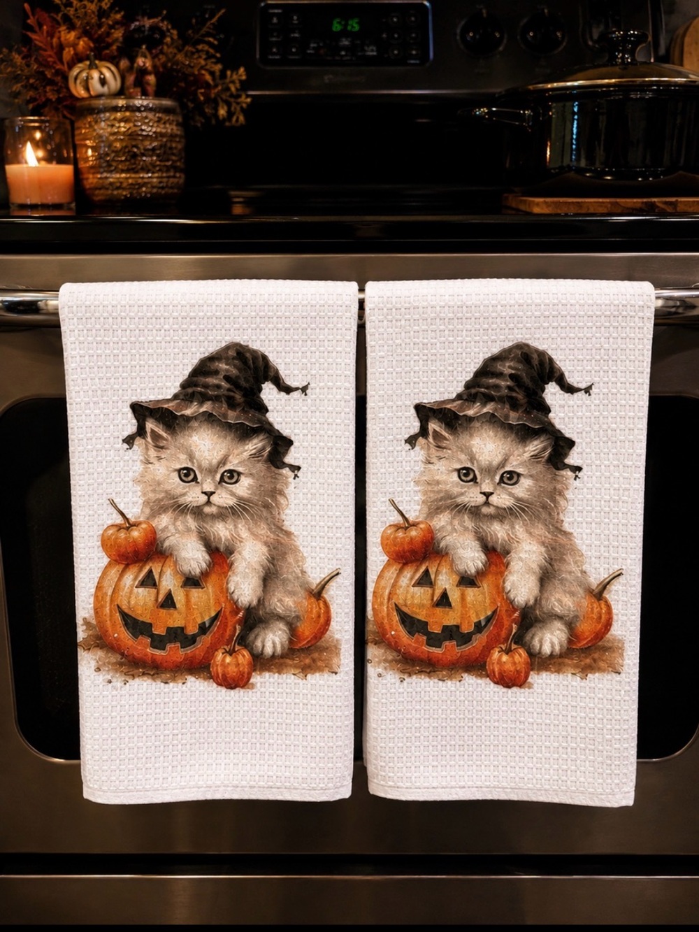 Set of 2 Witch Cat Pumpkin Halloween Kitchen Tea Towels Fall Decor